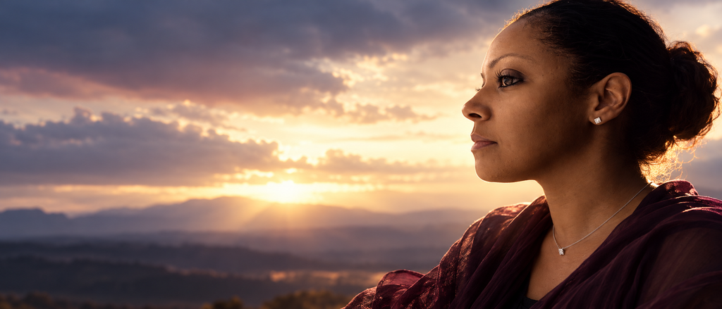 Melissa Beale in profile against a softly lit desert sky.
